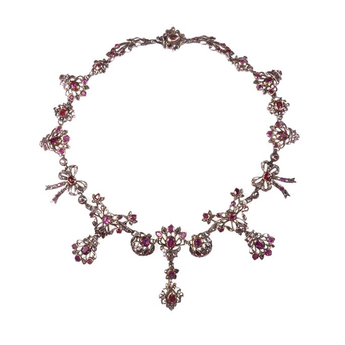 Ruby and rose cut diamond cluster necklace | MasterArt